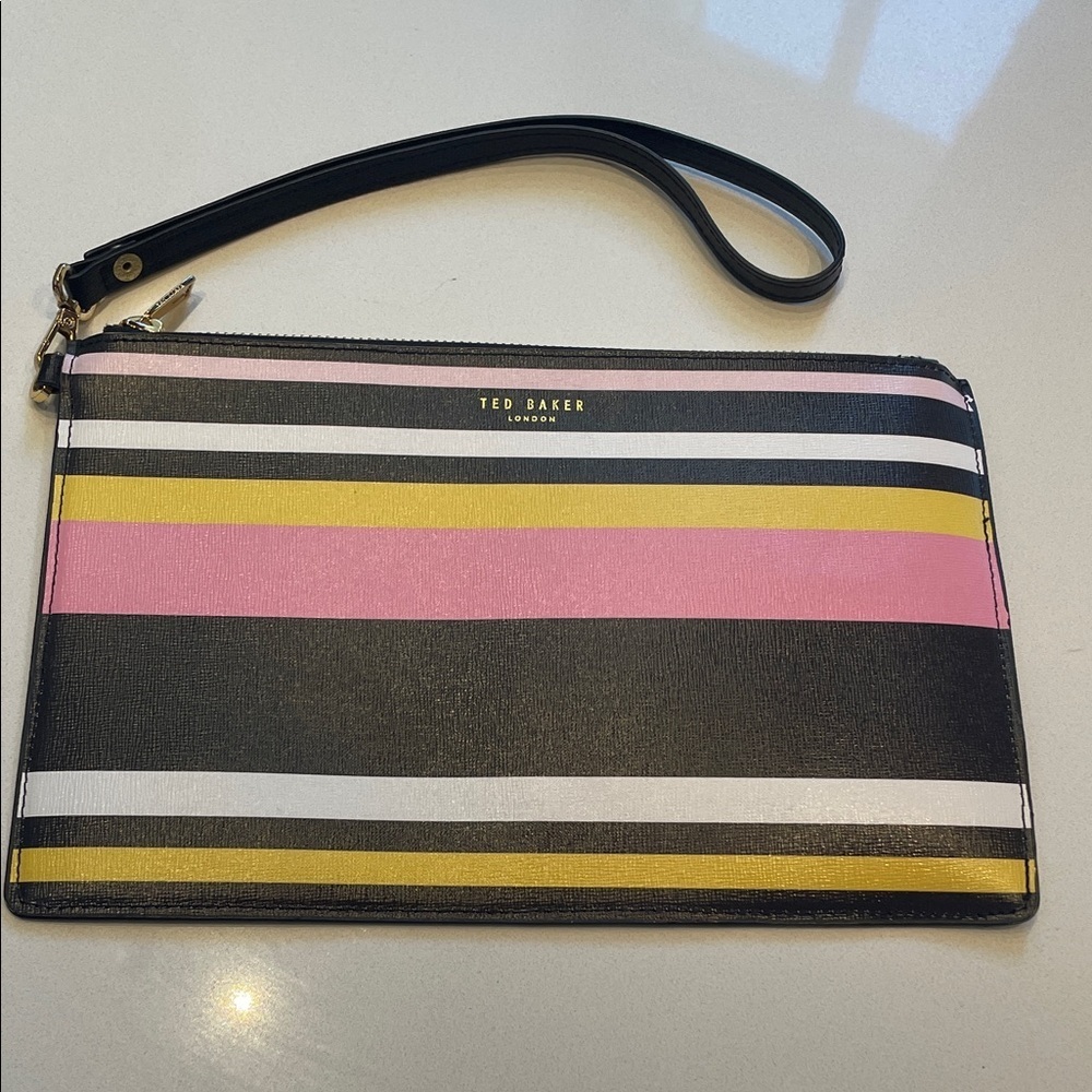 Ted Baker London Monogrammed Multicolor Striped Removable Wristlet Clutch, Black